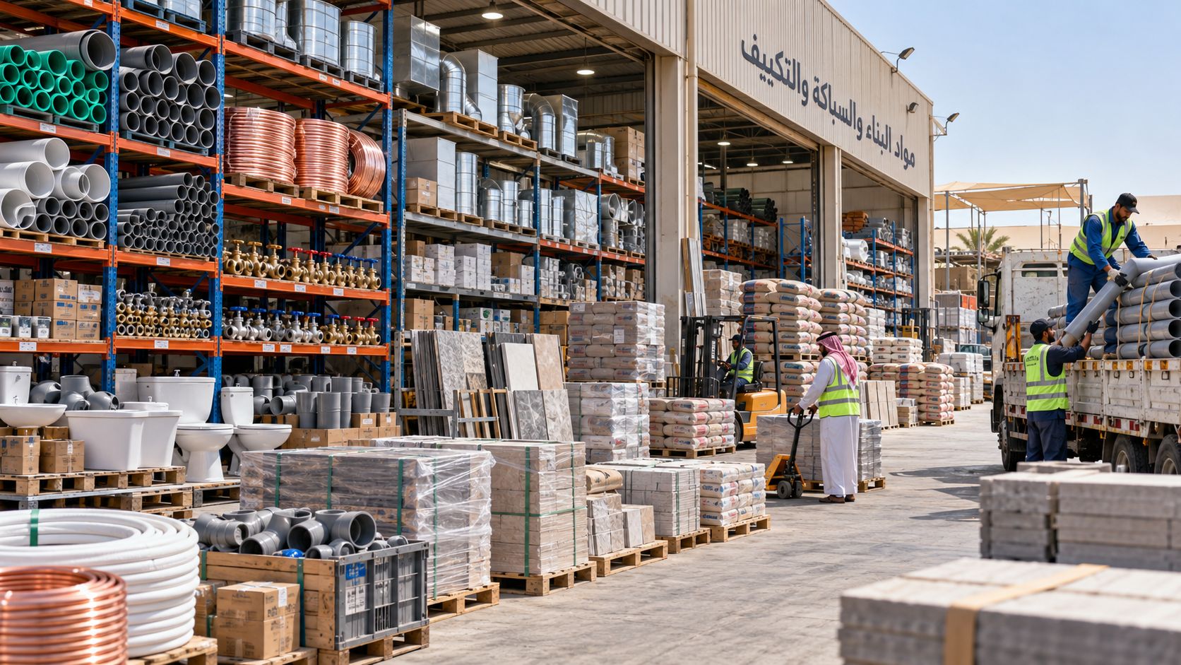 Building materials distributor in Saudi Arabia loading pipes onto a truck, with racked fittings, sanitaryware and palletised cement